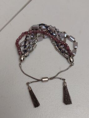 7 Strands Purple Gray Silver Tone Beaded Bolo Style Adjustable Tasseled Bracelet